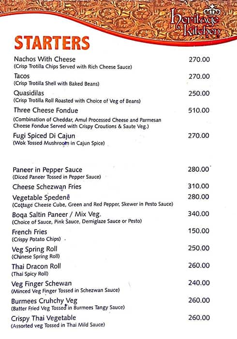 Heritage Kitchen menu