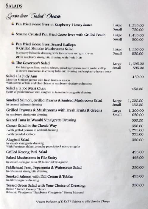 Menu at Chef Jessie Rockwell Club, Makati