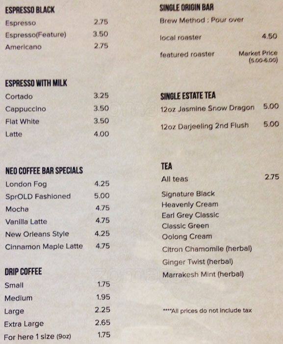 NEO COFFEE BAR Menu, Menu for NEO COFFEE BAR, St. Lawrence, Toronto