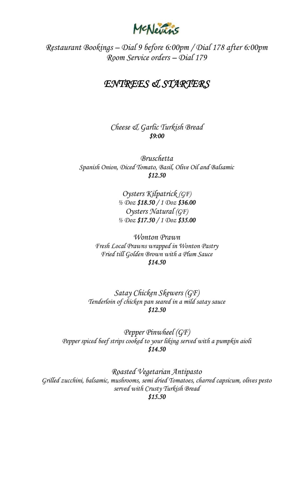 Menu at McNevin's Sails Restaurant, Maryborough