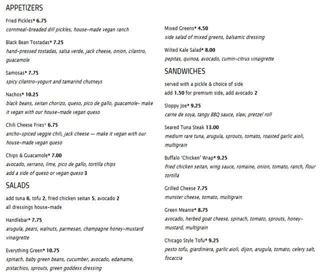 Menu at Handlebar, Chicago