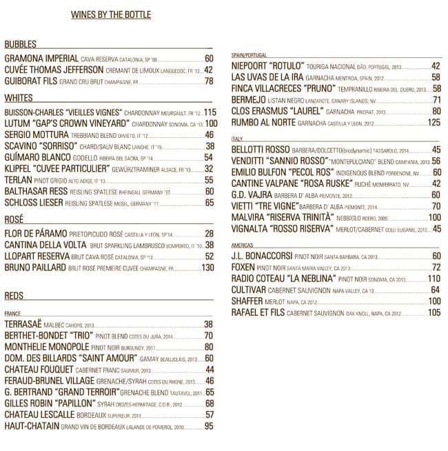 Menu at Handlebar, Chicago