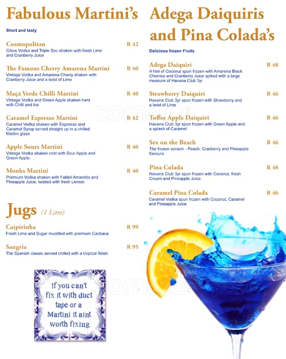 Menu at Adega restaurant, Nelspruit