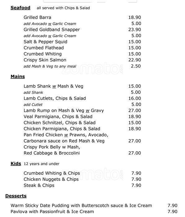 Menu at Tweed Heads Coolangatta Nippers club, Coolangatta