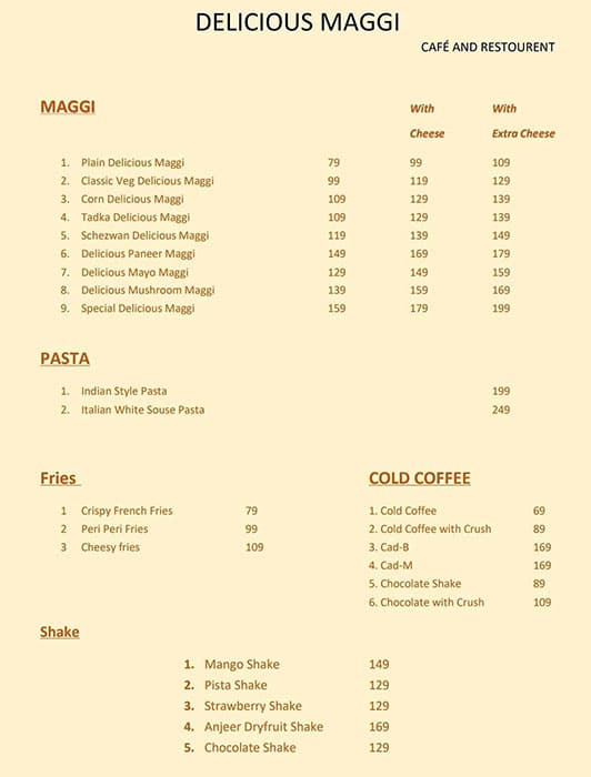 Menu of Delicious Maggi, Bund Garden Road, Pune