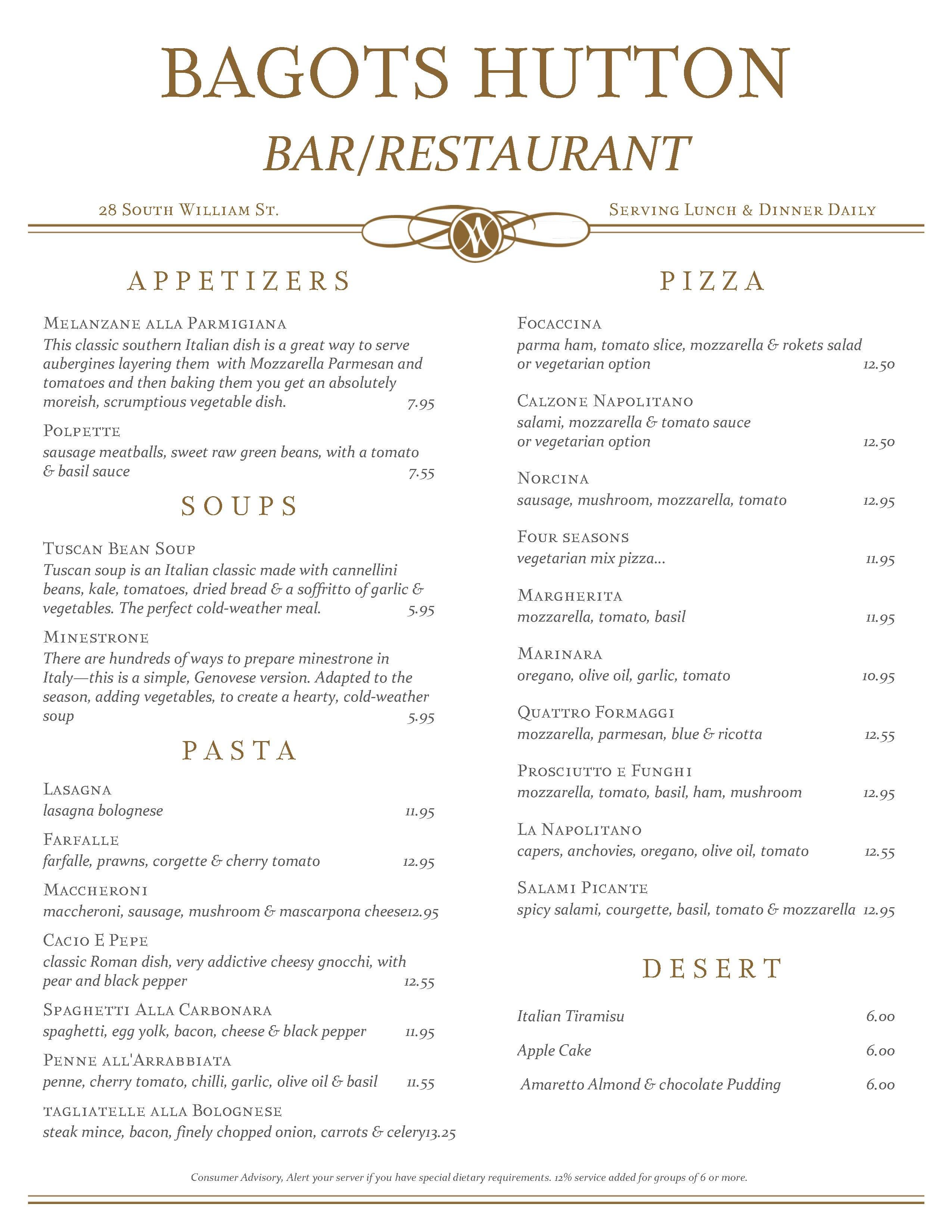 Carta de Bagots Hutton Wine Emporium