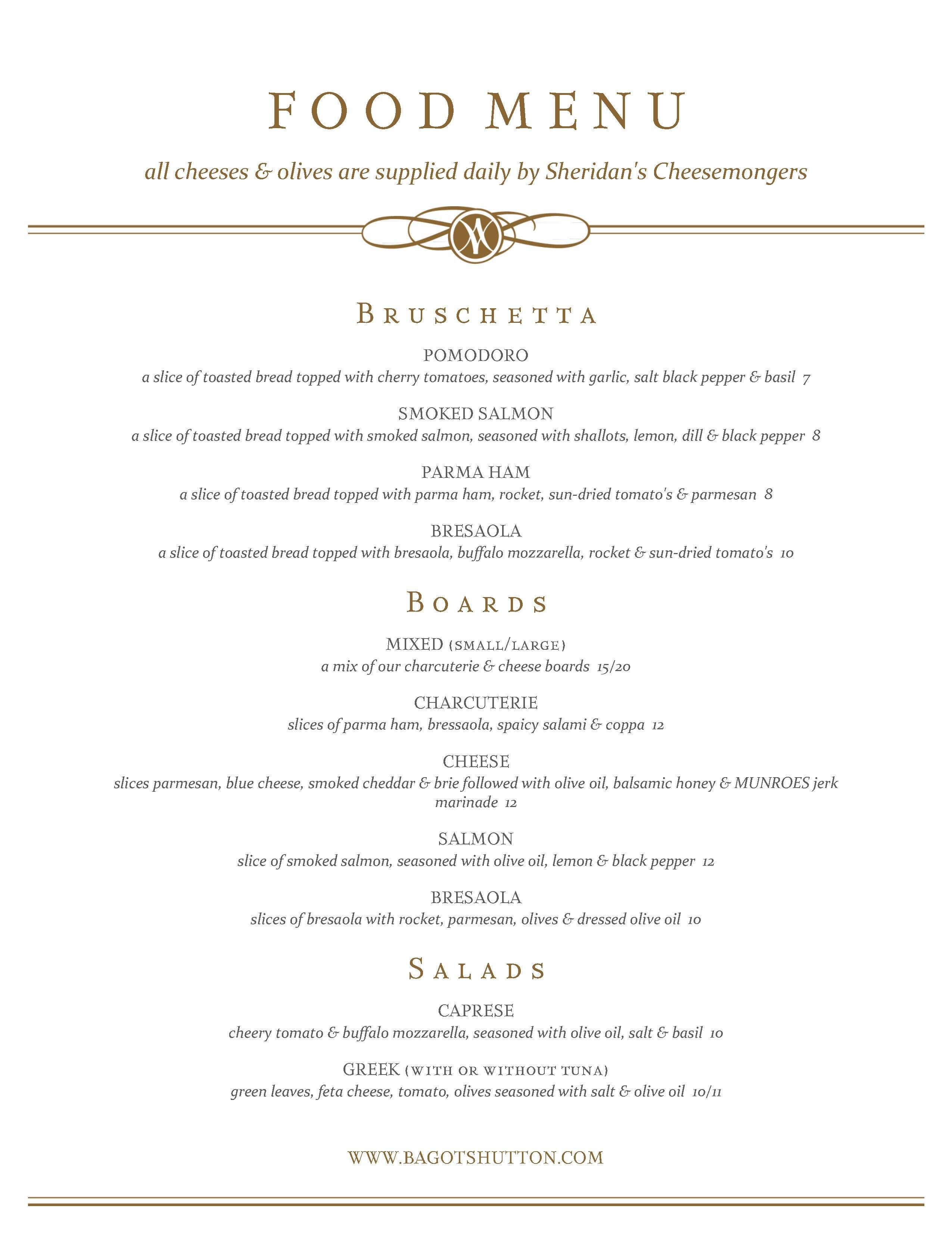 Carta de Bagots Hutton Wine Emporium