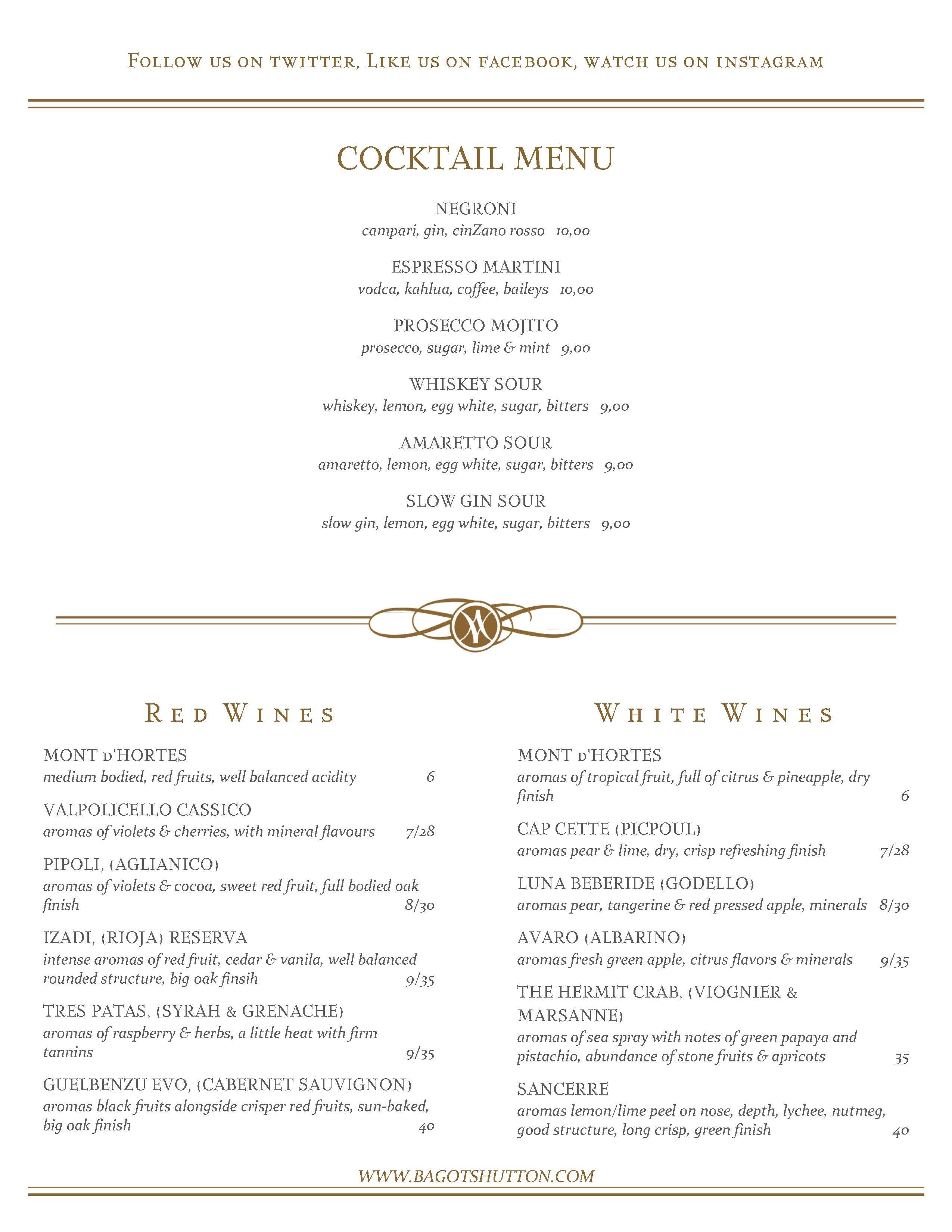 Carta de Bagots Hutton Wine Emporium
