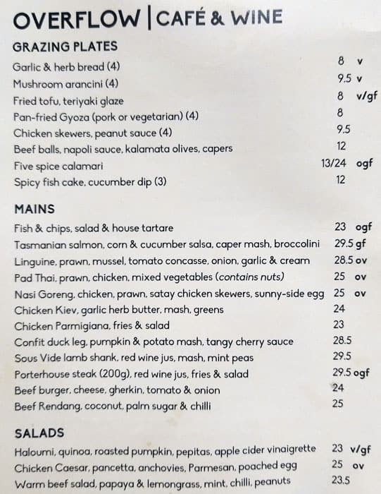 Carta de Overflow Cafe Wine Bar