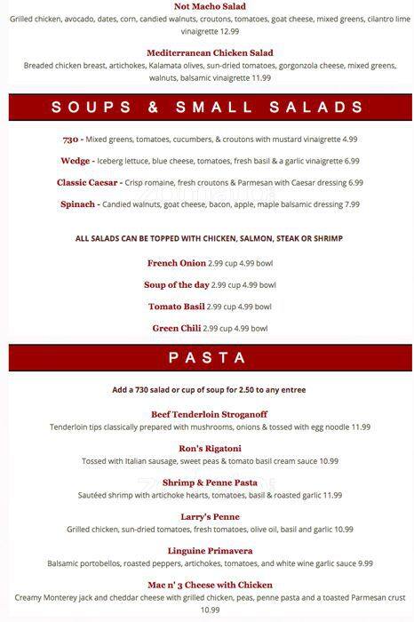 Carta de 730 South Bar & Grill