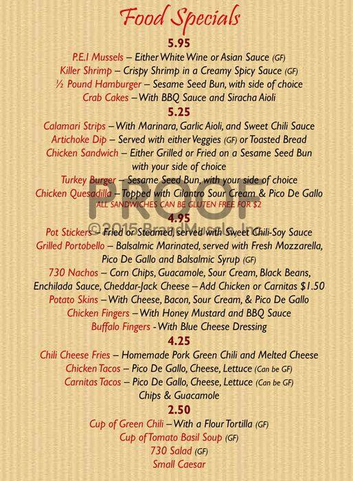 Carta de 730 South Bar & Grill