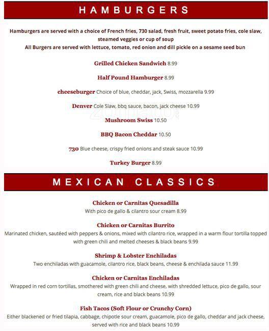 Carta de 730 South Bar & Grill