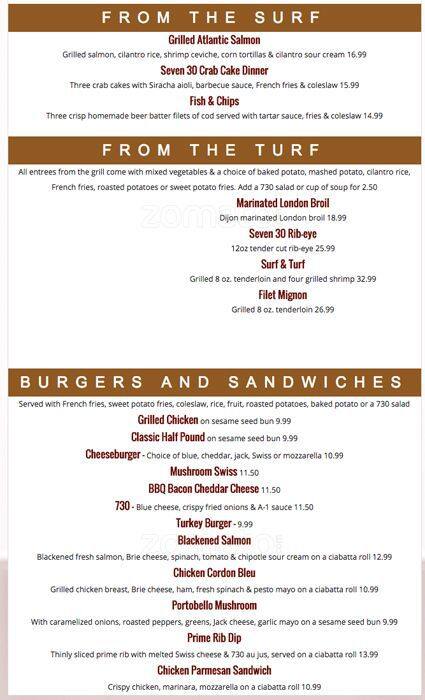 Carta de 730 South Bar & Grill