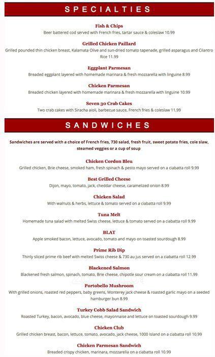 Carta de 730 South Bar & Grill