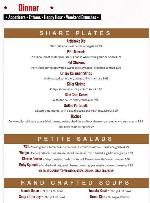 Carta de 730 South Bar & Grill