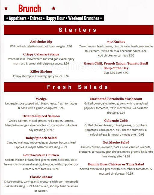 Carta de 730 South Bar & Grill