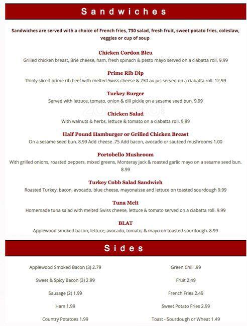 Carta de 730 South Bar & Grill