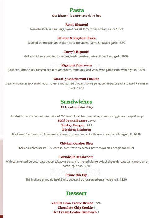 Carta de 730 South Bar & Grill
