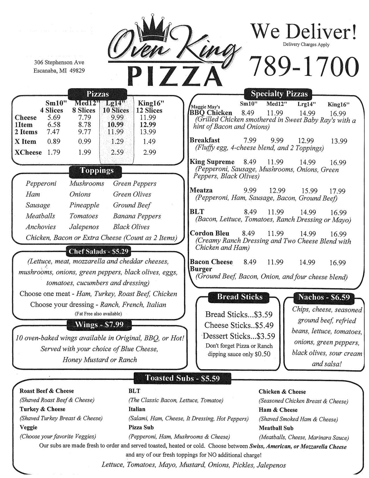 Oven King Pizza Menu, Menu for Oven King Pizza, Escanaba, Escanaba