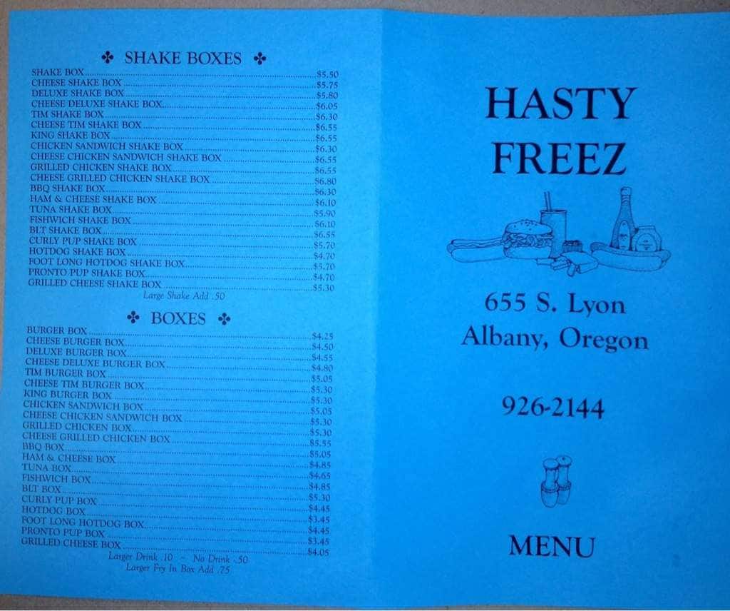 Menu at Hasty Freez restaurant, Albany