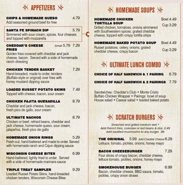 Cheddar's Scratch Kitchen Menu Urbanspoon/Zomato