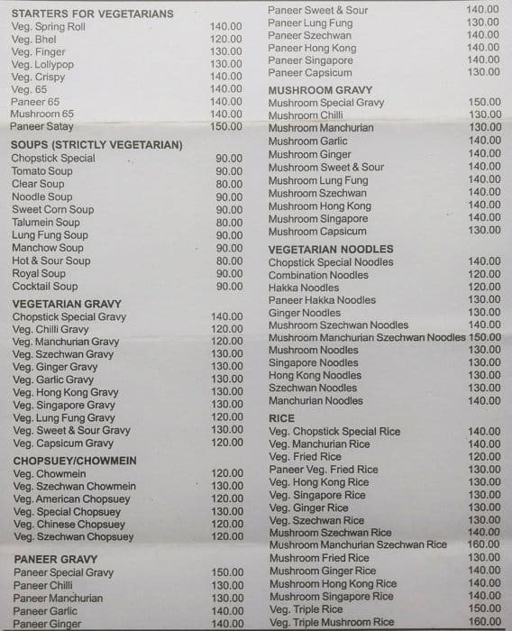 Menu of Chop Stick, Vasai, Mumbai