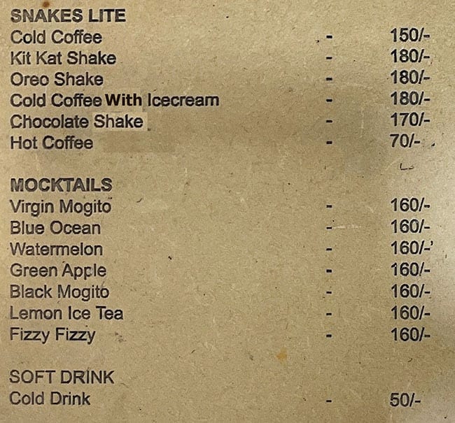 Menu at darlings cafe, Varanasi