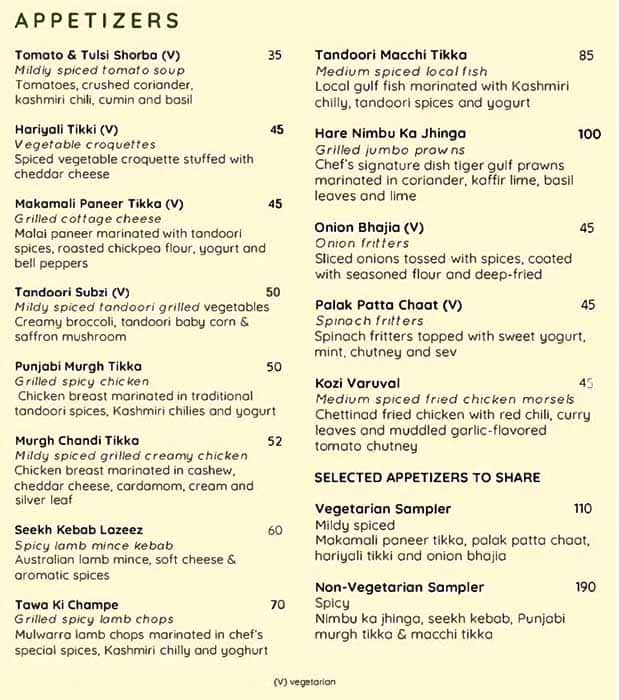 Menu at Rangoli restaurant, Abu Dhabi, Yas Island Rotana