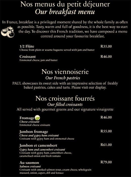 Paul Menu, Menu de Paul, Melrose Arch, Sandton Zomato SA