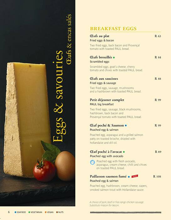 Menu at Paul's cafe, Sandton