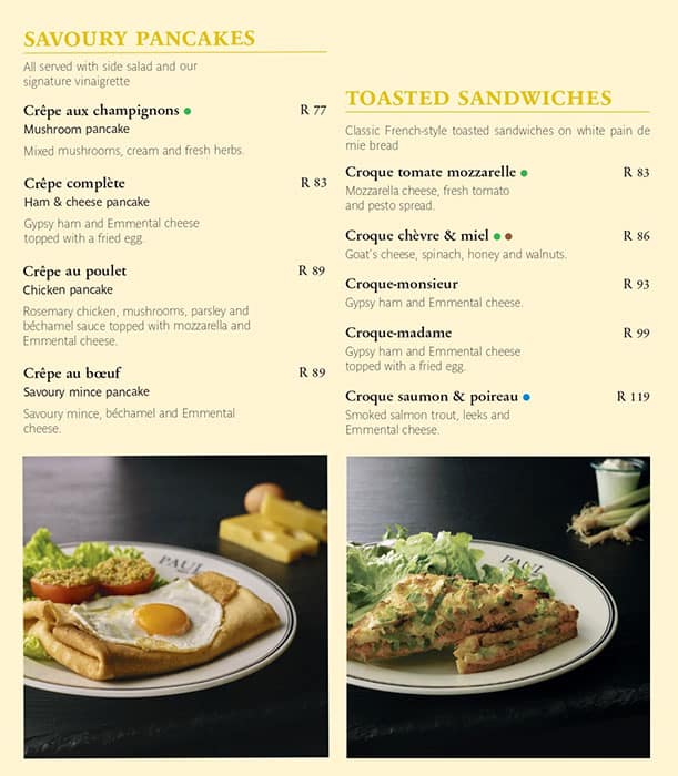 Menu at Paul's cafe, Sandton