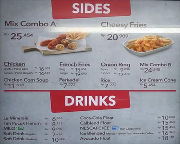 Menu at KFC restaurant, Jakarta, Stasiun Gambir