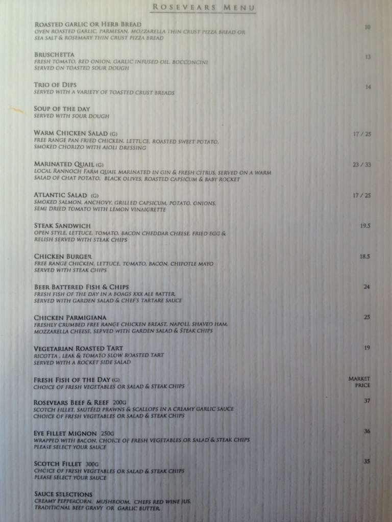 Menu at Rosevears Hotel restaurant, Rosevears