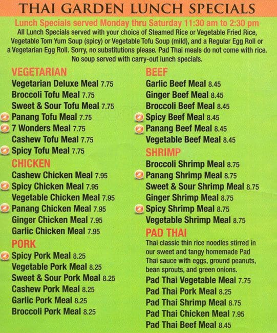 Menu at THAI GARDEN restaurant, Schaumburg