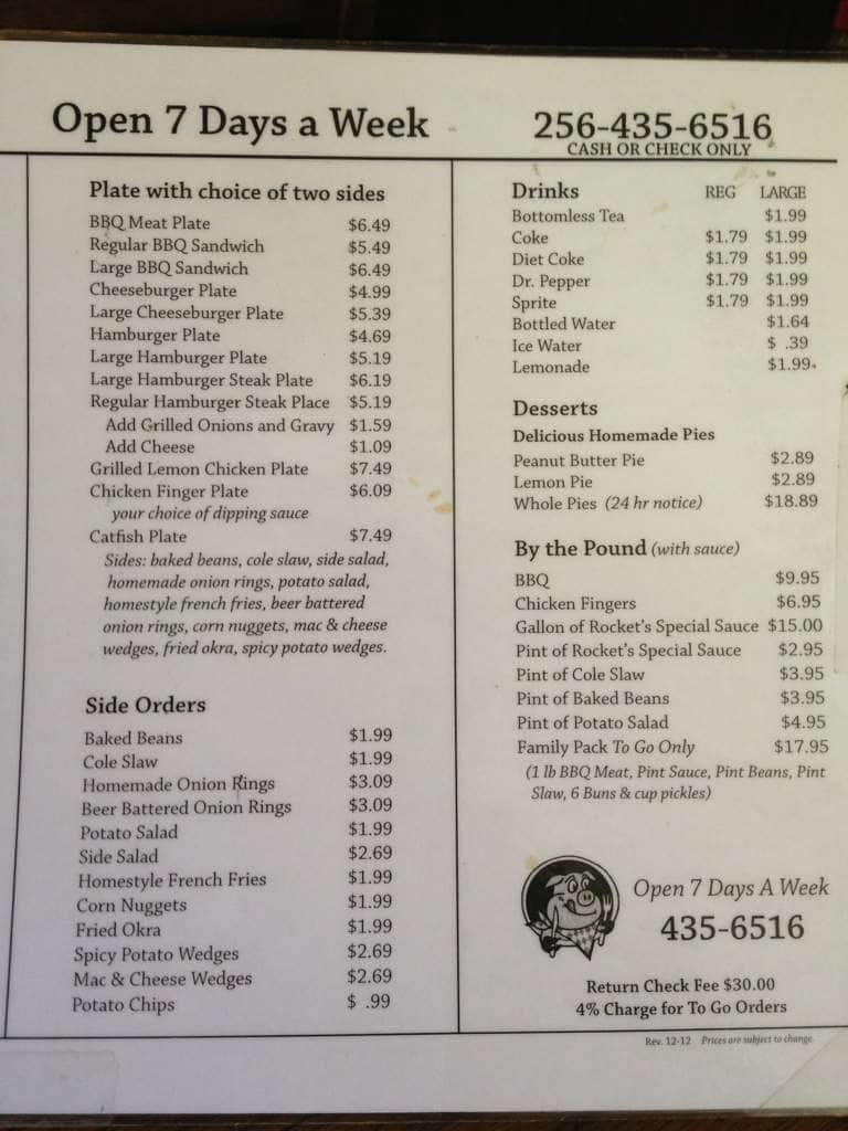 Menu at Rocket Drive Inn restaurant, Jacksonville, Pelham Rd S