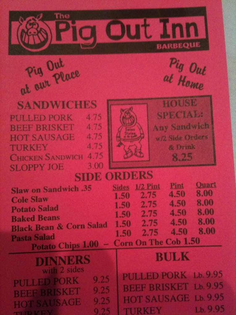 Menu at Pig Out Inn restaurant, Natchez