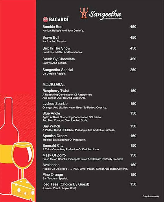 Menu At Sangeetha Fine Dine Restaurant And Bar Hyderabad