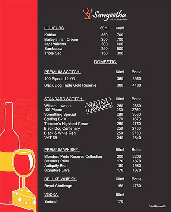 Menu At Sangeetha Fine Dine Restaurant And Bar Hyderabad