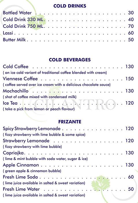 Cilantro Restaurant menu