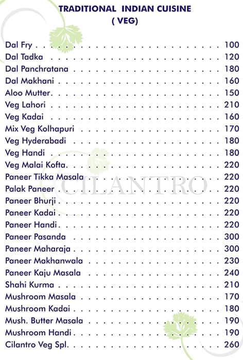 Cilantro Restaurant menu