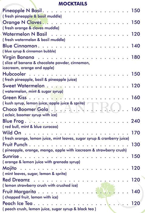 Cilantro Restaurant menu