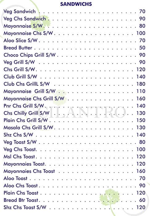 Cilantro Restaurant menu