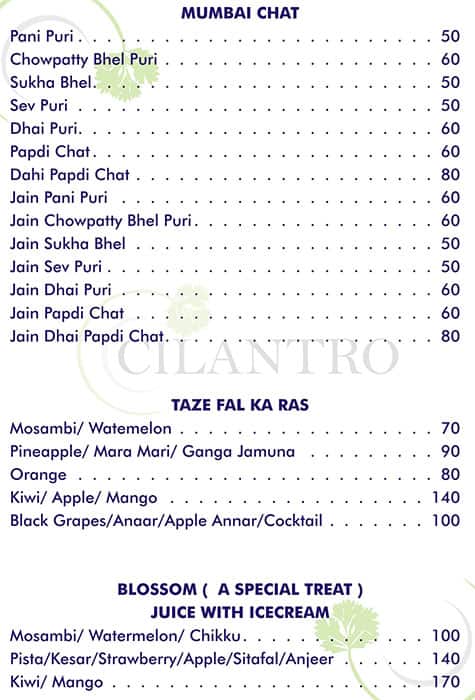 Cilantro Restaurant menu