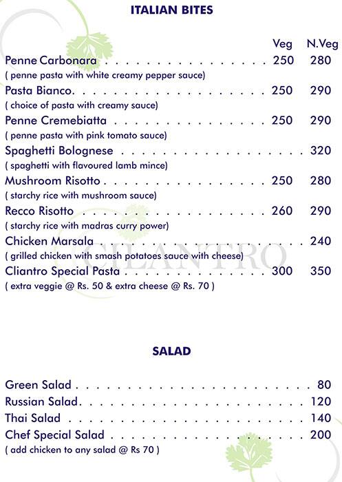 Cilantro Restaurant menu