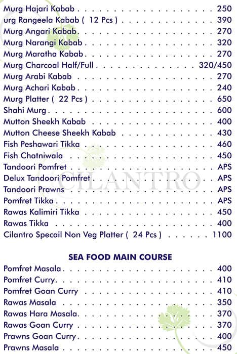 Cilantro Restaurant menu