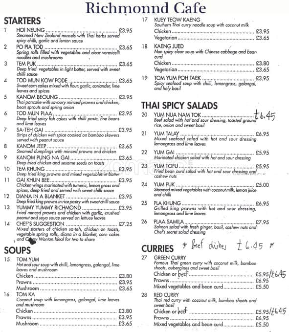Richmond Cafe Menu, Menu for Richmond Cafe, Richmond Upon Thames