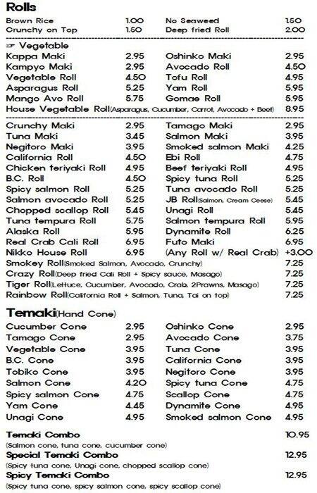 Nikko Sushi menu