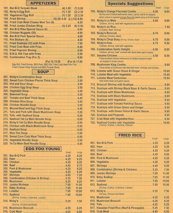Nicky's Chinese Food Menu Urbanspoon/Zomato