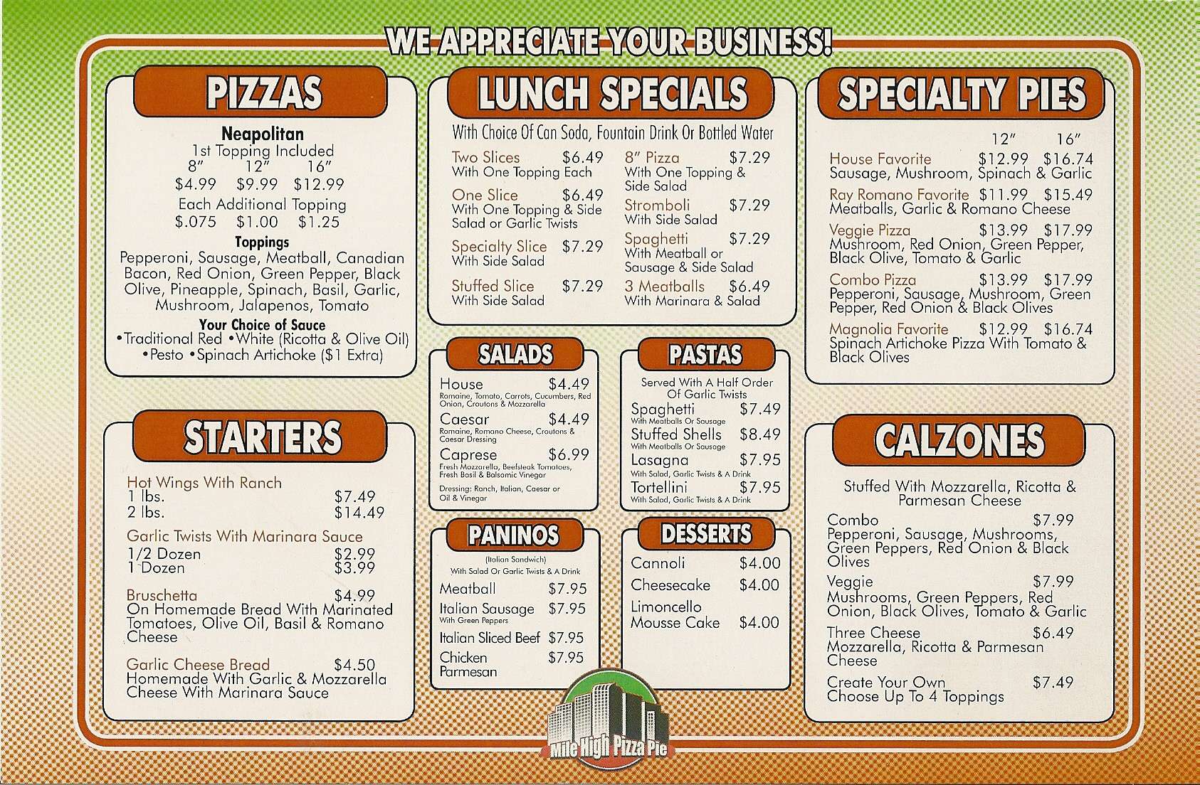 Mile High Pizza Pie Menu, Menu for Mile High Pizza Pie, Central