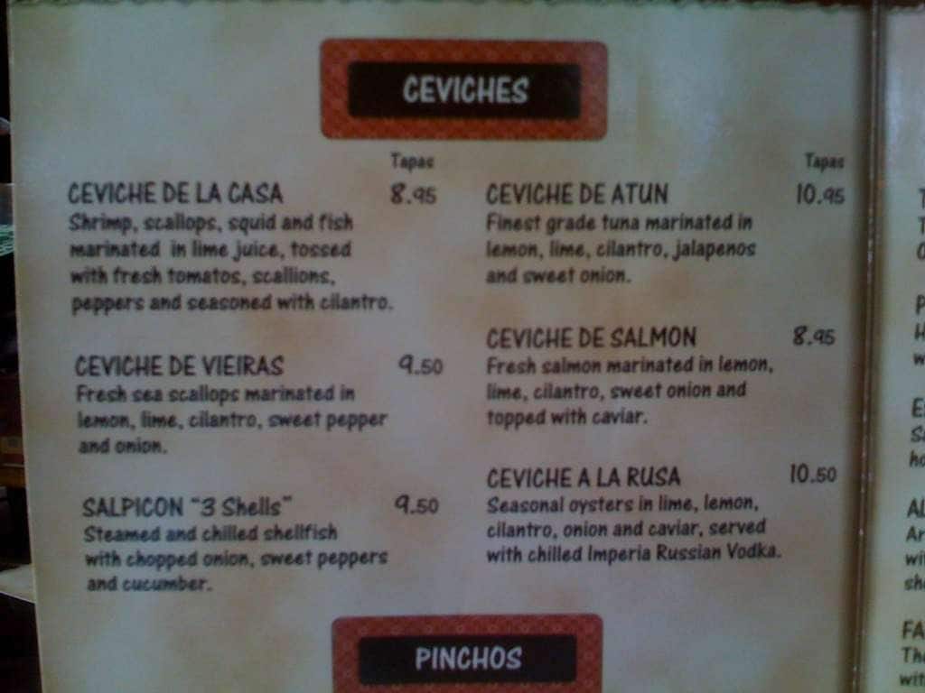 Ceviche Tapas Bar & Restaurant Menu Urbanspoon/Zomato